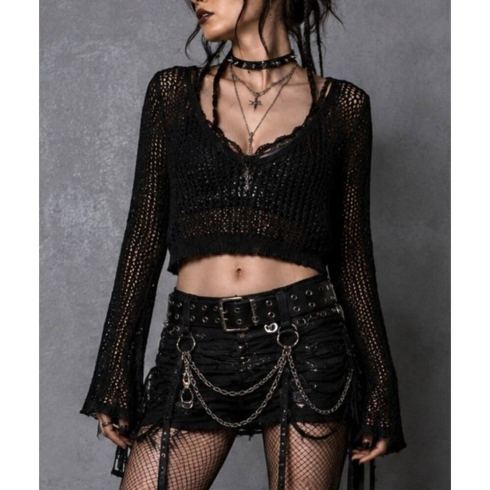 Superdown Whimsigoth Crochet Open Knit Crop Top XS Black Y2K Festival Rave Goth